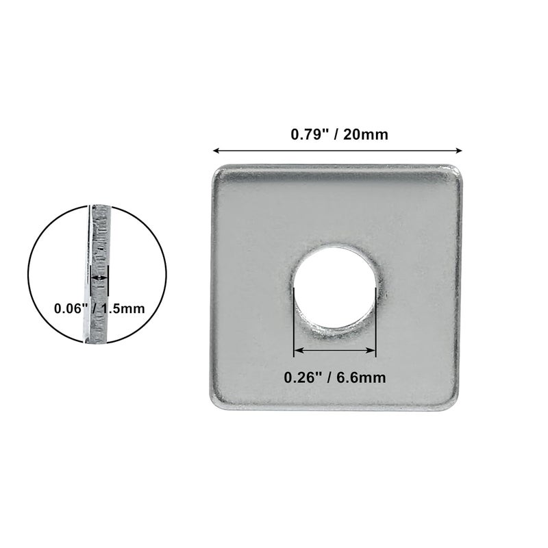 Coufce 10pcs M6 Square Bearing Plate Washer, 304 Stainless Steel Flat Pad Spacer Gasket Hardware Fastener, Heavy Duty Square Washers Plate, 0.26"(ID) x0.79"x0.79"x0.06" - Image 2